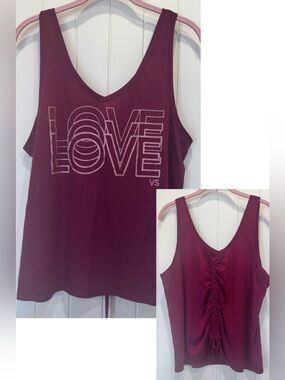 Victoria Sport LOVE Graphic Tank Top Ruched tie back detail Sz Large